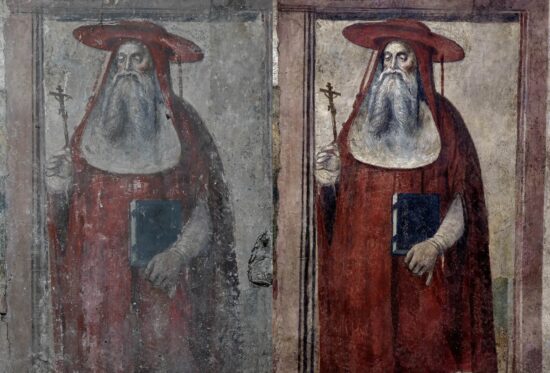 Gli Affreschi Ritrovati - Chiesa Santi Filippo e Giacomo. Prima e dopo il restauro, particolare di San Gregorio Magno 